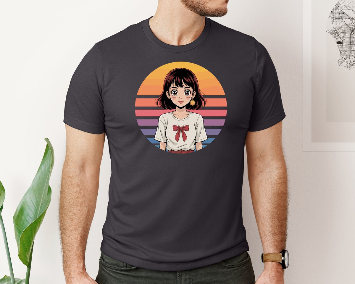 brand:Bella Canvas|color:Heather Dark Grey|Anime Retro Vintage Sunset Vector Graphic T-Shirt