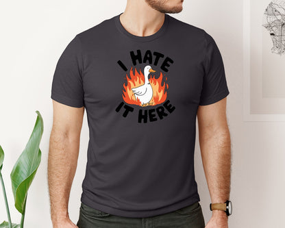 brand:Bella Canvas|color:Heather Dark Grey|I Hate It Here Funny Goose Art Graphic T-Shirt