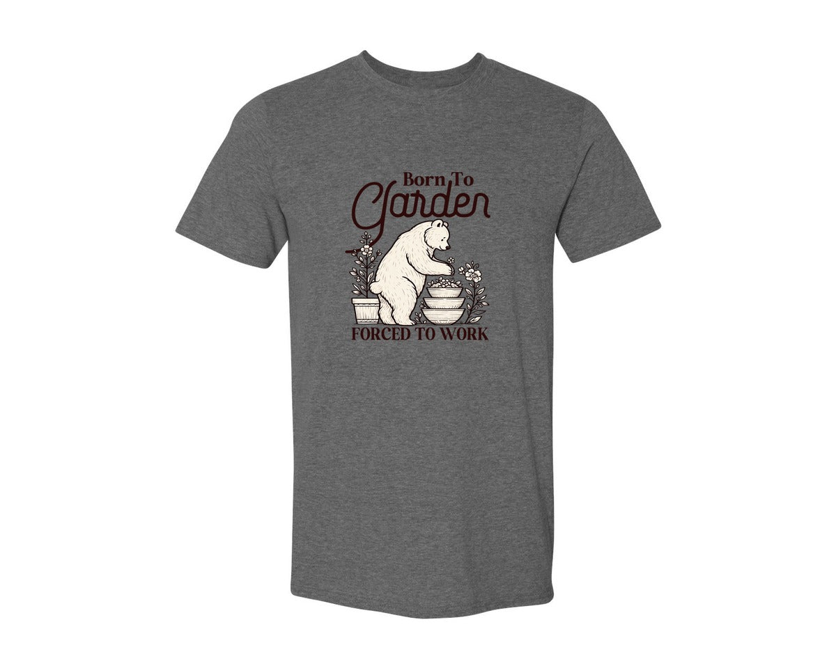 brand:Generic|color:Heather Dark Grey|Born To Garden Forced To Work Bear Graphic T-Shirt