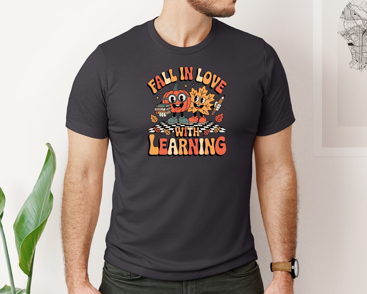 brand:Bella Canvas|color:Heather Dark Grey|Fall In Love With Learning Teacher Graphic T-Shirt
