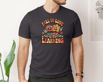 brand:Bella Canvas|color:Heather Dark Grey|Fall In Love With Learning Teacher Graphic T-Shirt