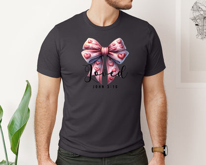 brand:Bella Canvas|color:Heather Dark Grey|Loved Christian Valentines Day Graphic T-Shirt