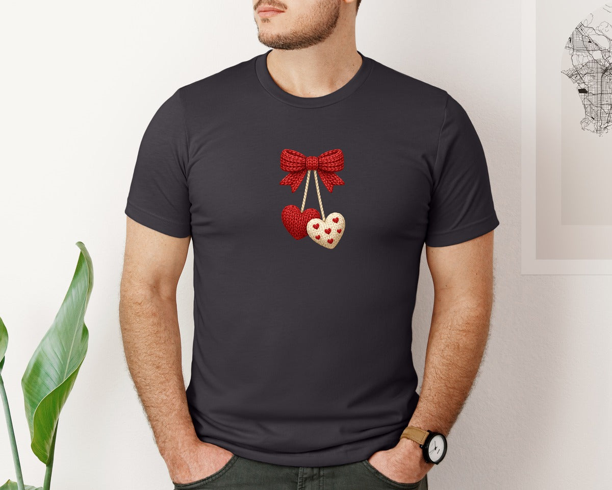 brand:Bella Canvas|color:Heather Dark Grey|Knitted Hearts Hanging Bow Graphic T-Shirt