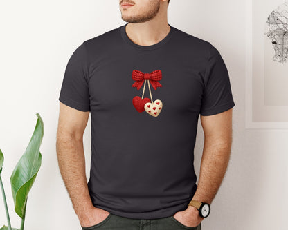 brand:Bella Canvas|color:Heather Dark Grey|Knitted Hearts Hanging Bow Graphic T-Shirt
