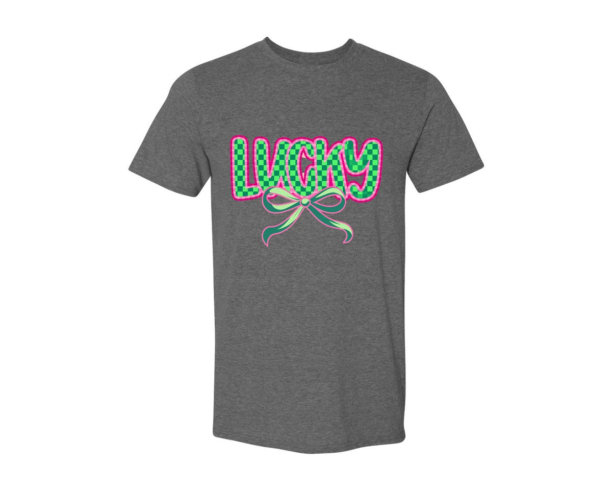brand:Generic|color:Heather Dark Grey|Lucky St Patricks Day Aesthetic Graphic T-Shirt