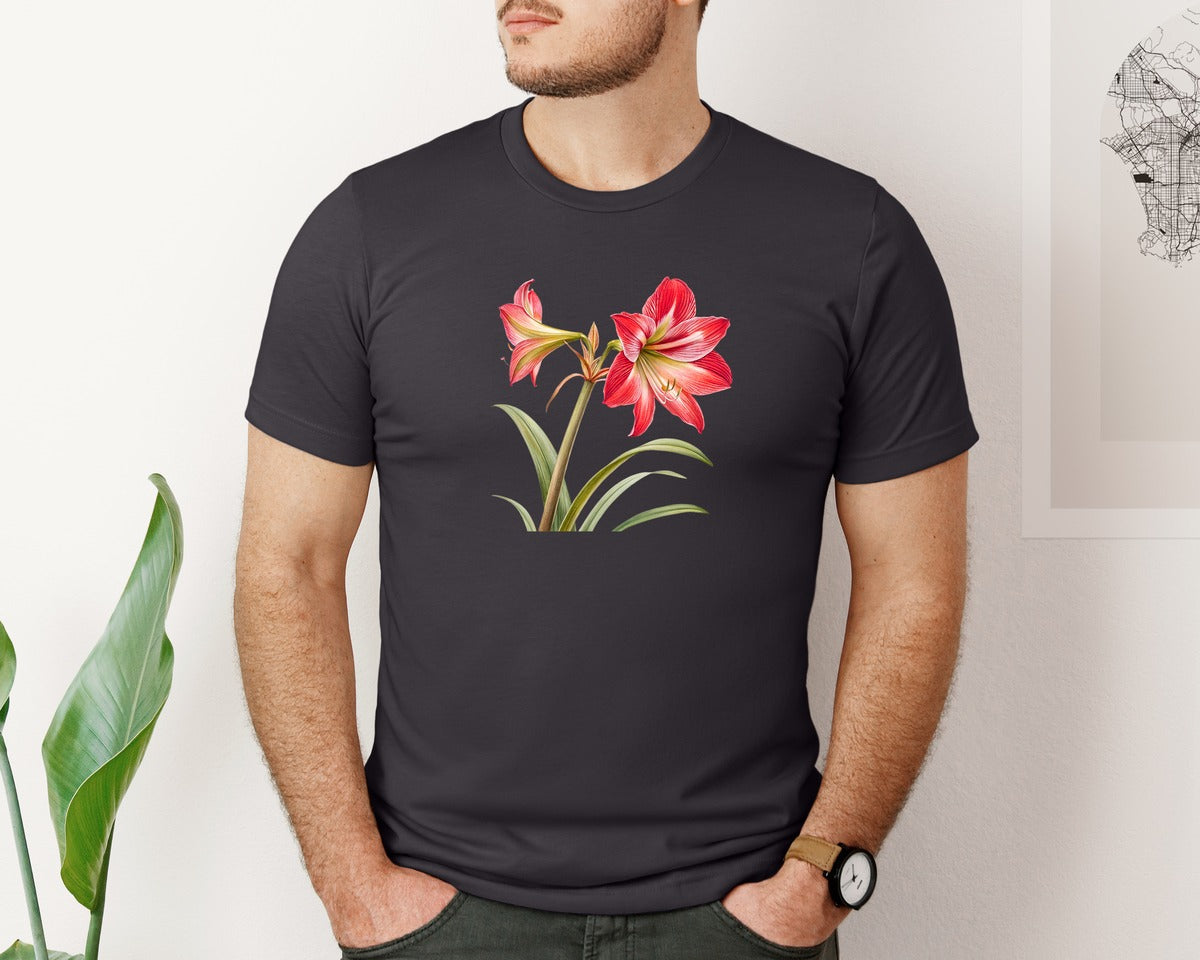 brand:Bella Canvas|color:Heather Dark Grey|Red Amaryllis Flower T Shirt Design Graphic T-Shirt