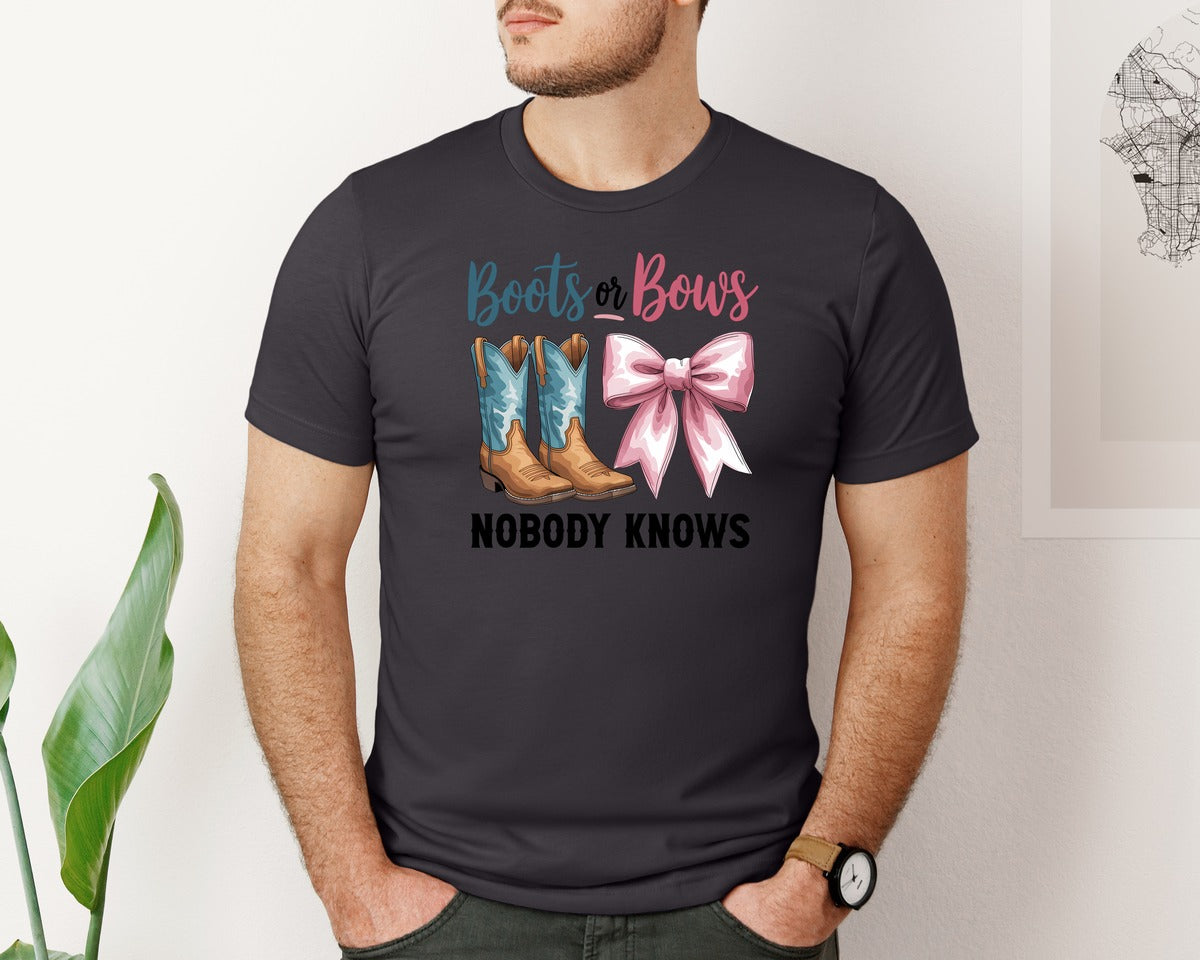 brand:Bella Canvas|color:Heather Dark Grey|Boots Or Bows Gender Party Reveal Graphic T-Shirt