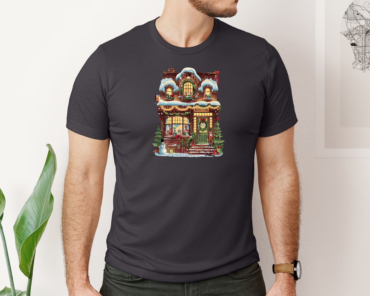 brand:Bella Canvas|color:Heather Dark Grey|Cozy Christmas Bookstore 6 Graphic T-Shirt