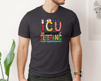 brand:Bella Canvas|color:Heather Dark Grey|Icu Sleeping Christmas Nurse Graphic T-Shirt