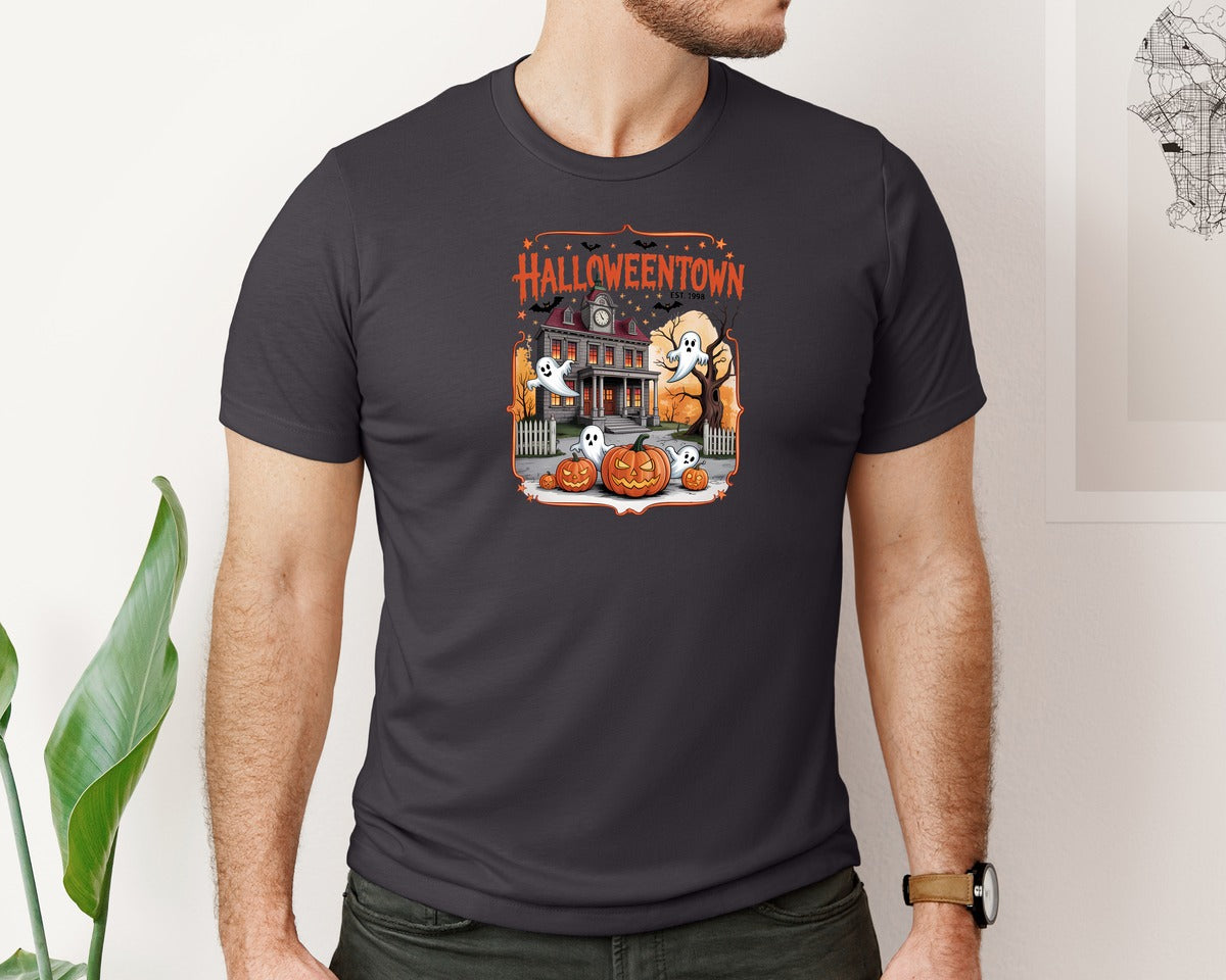 brand:Bella Canvas|color:Heather Dark Grey|Halloweentown Haunted House Graphic T-Shirt