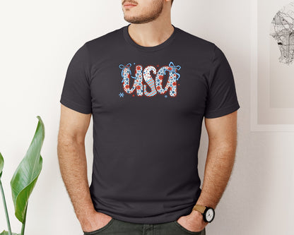 brand:Bella Canvas|color:Heather Dark Grey|Usa Floral Coquette Bow Usa Graphic T-Shirt