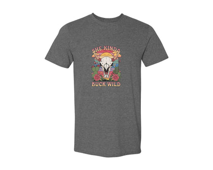 brand:Generic|color:Heather Dark Grey|She Kinda Buck Wild Western Aesthetic 3 Graphic T-Shirt