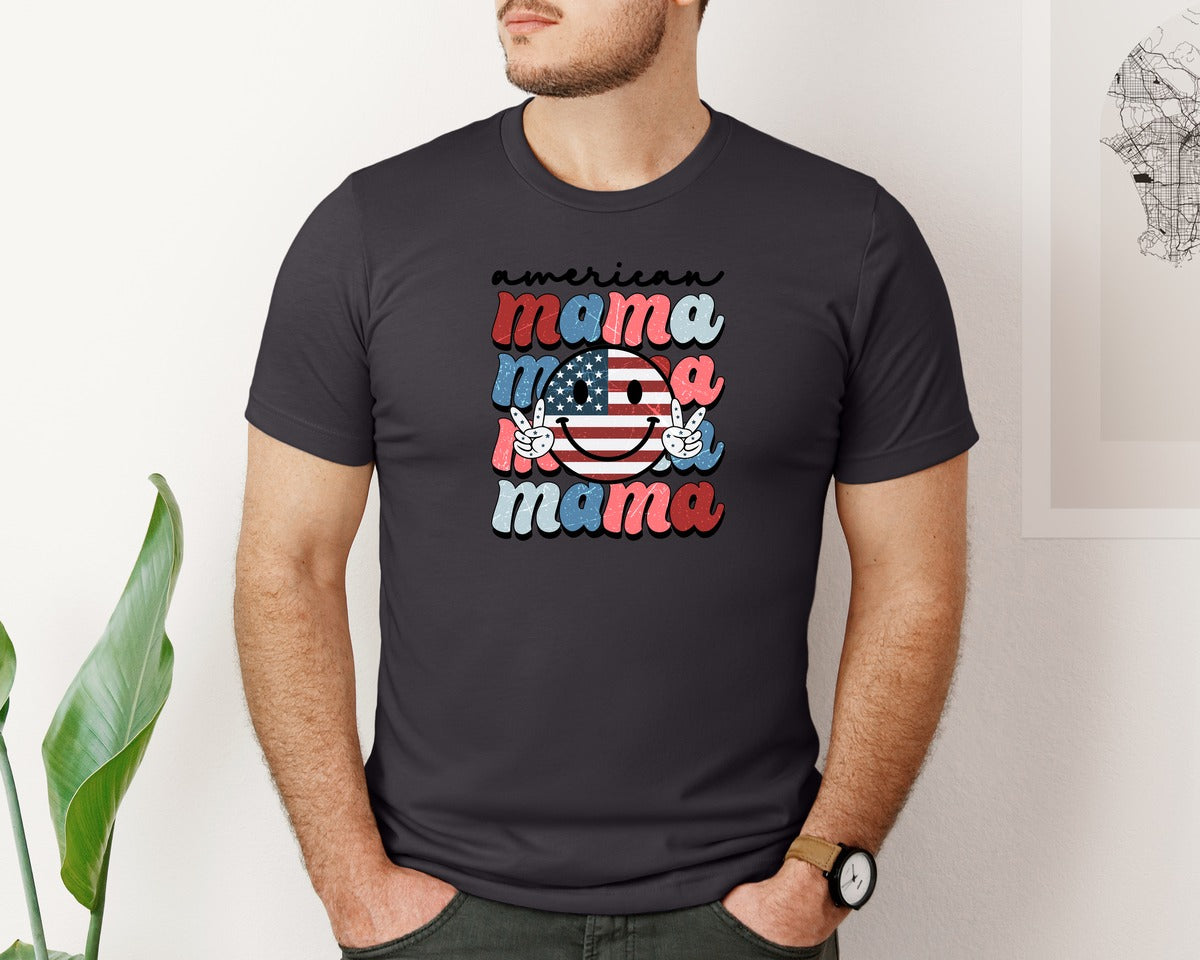 brand:Bella Canvas|color:Heather Dark Grey|American Mama Mom Patriotic Graphic T-Shirt