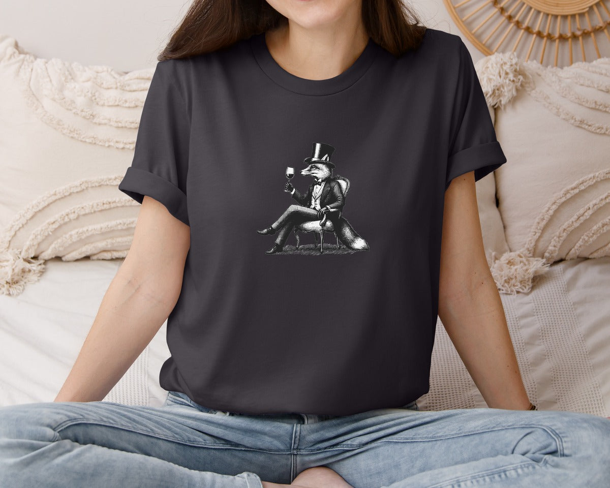 brand:Bella Canvas|color:Heather Dark Grey|Fox Drink Wine Retro Vintage Shirt Graphic T-Shirt