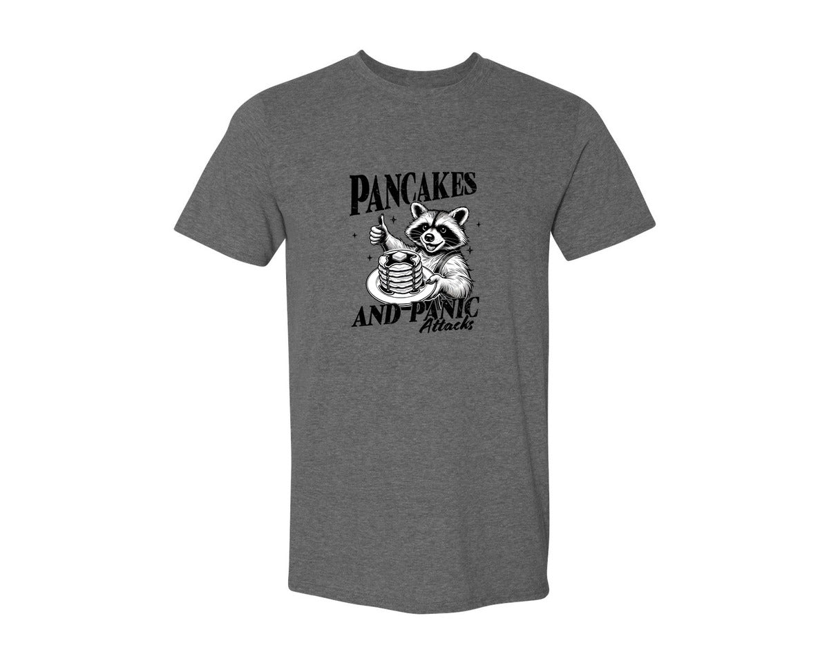 brand:Generic|color:Heather Dark Grey|Mental Health Raccoon Pancakes And Panic Graphic T-Shirt