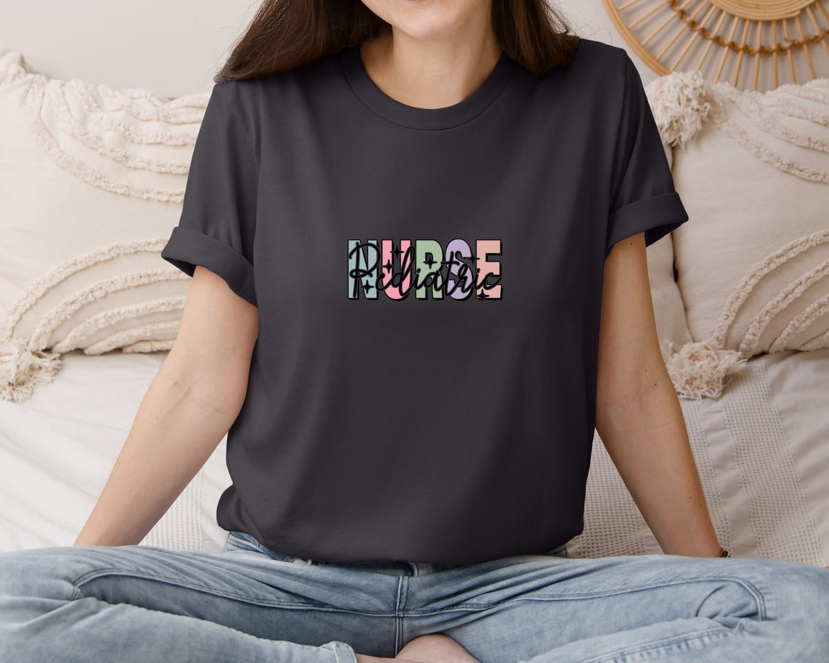 brand:Bella Canvas|color:Heather Dark Grey|Peds Nurse Picu Pediatric Nurse Graphic T-Shirt