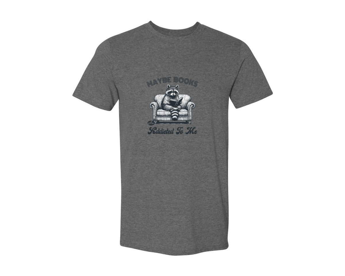brand:Generic|color:Heather Dark Grey|Maybe Books Are Addicted To Me Raccoon Graphic T-Shirt