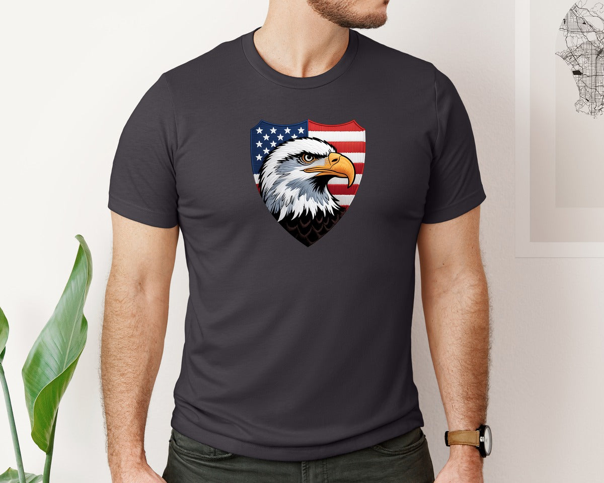 brand:Bella Canvas|color:Heather Dark Grey|Bald Eagle American Flag Embroidery Graphic T-Shirt