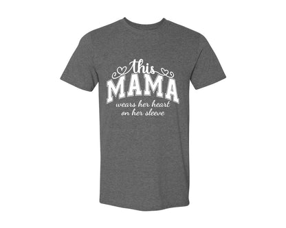 brand:Generic|color:Heather Dark Grey|This Mama Wears Her Heart On Her Sleeve 74 Graphic T-Shirt