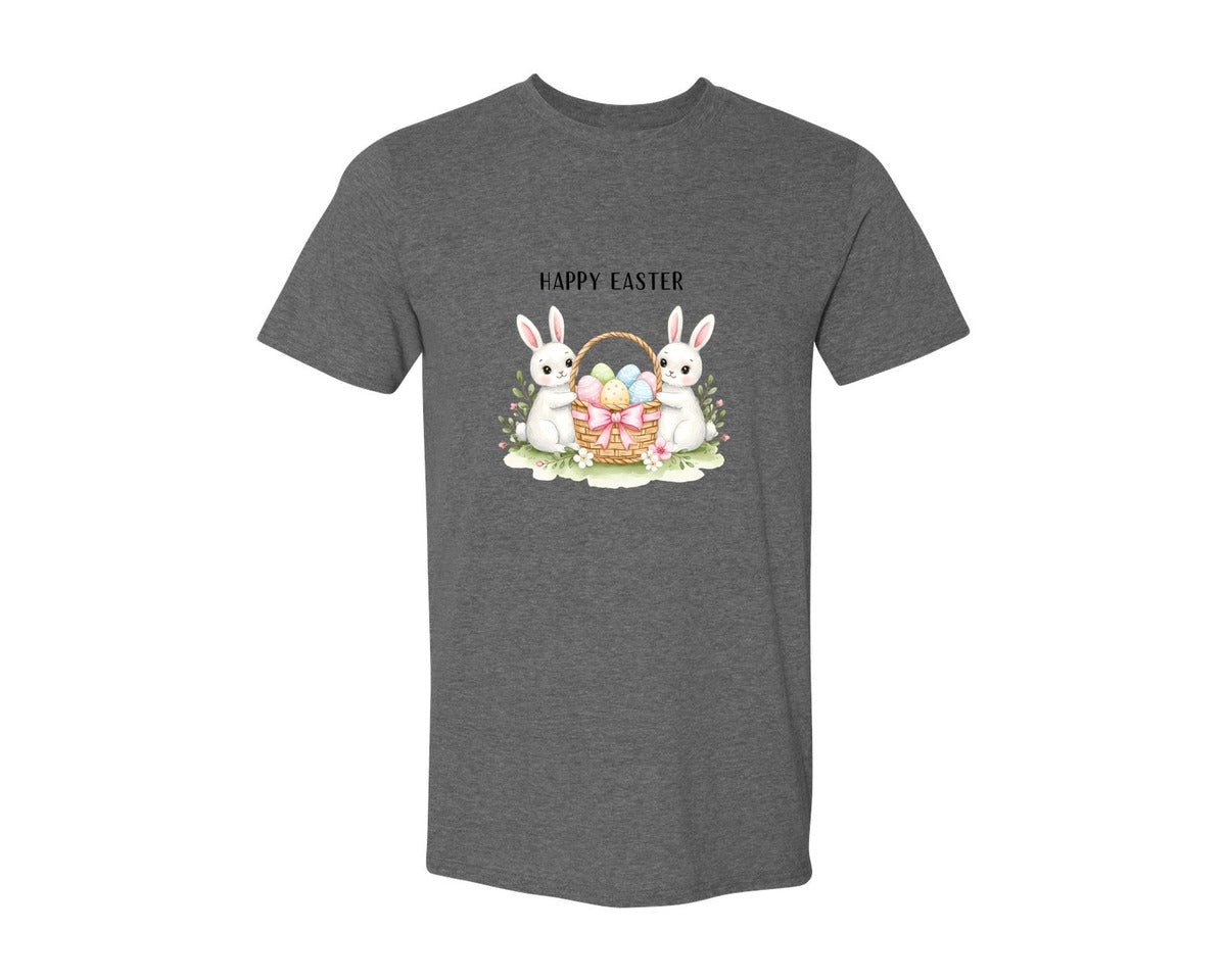 brand:Generic|color:Heather Dark Grey|Happy Easter Bunnies With Basket Cu Graphic T-Shirt