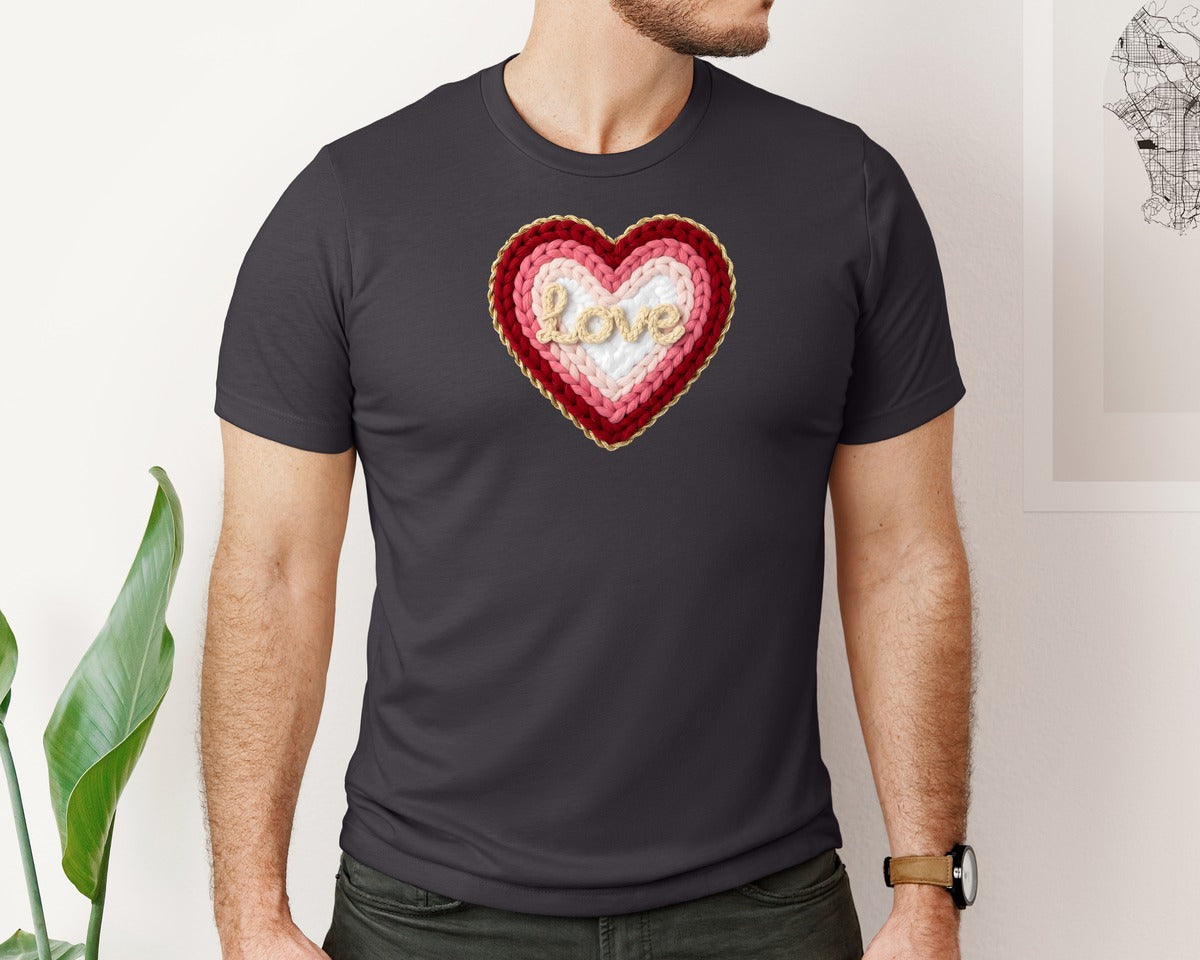 brand:Bella Canvas|color:Heather Dark Grey|Faux Yarn Heart Valentines Day 2 Graphic T-Shirt