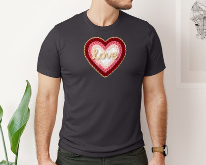 brand:Bella Canvas|color:Heather Dark Grey|Faux Yarn Heart Valentines Day 2 Graphic T-Shirt