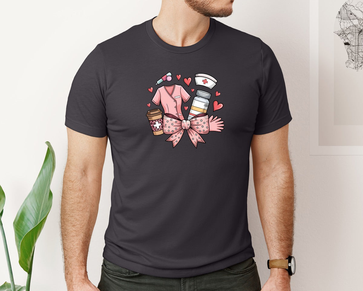 brand:Bella Canvas|color:Heather Dark Grey|Valentine Nurse Coquette 2 Graphic T-Shirt
