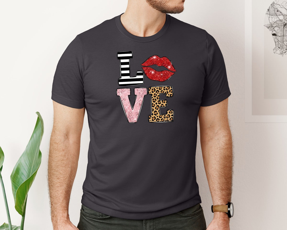 brand:Bella Canvas|color:Heather Dark Grey|Love Lips Leopard Floral Valentine Graphic T-Shirt