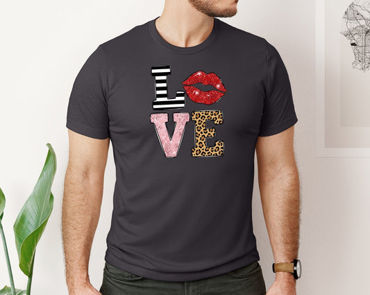Love Lips Leopard Floral Valentine Graphic T-Shirt