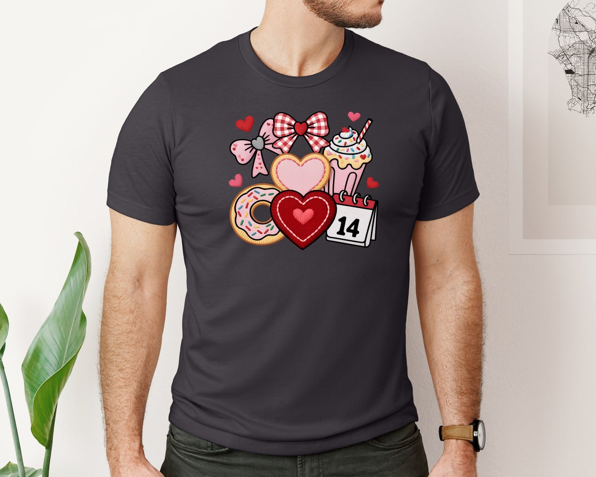 brand:Bella Canvas|color:Heather Dark Grey|Valentine Heart Coquette Bow 4 Graphic T-Shirt