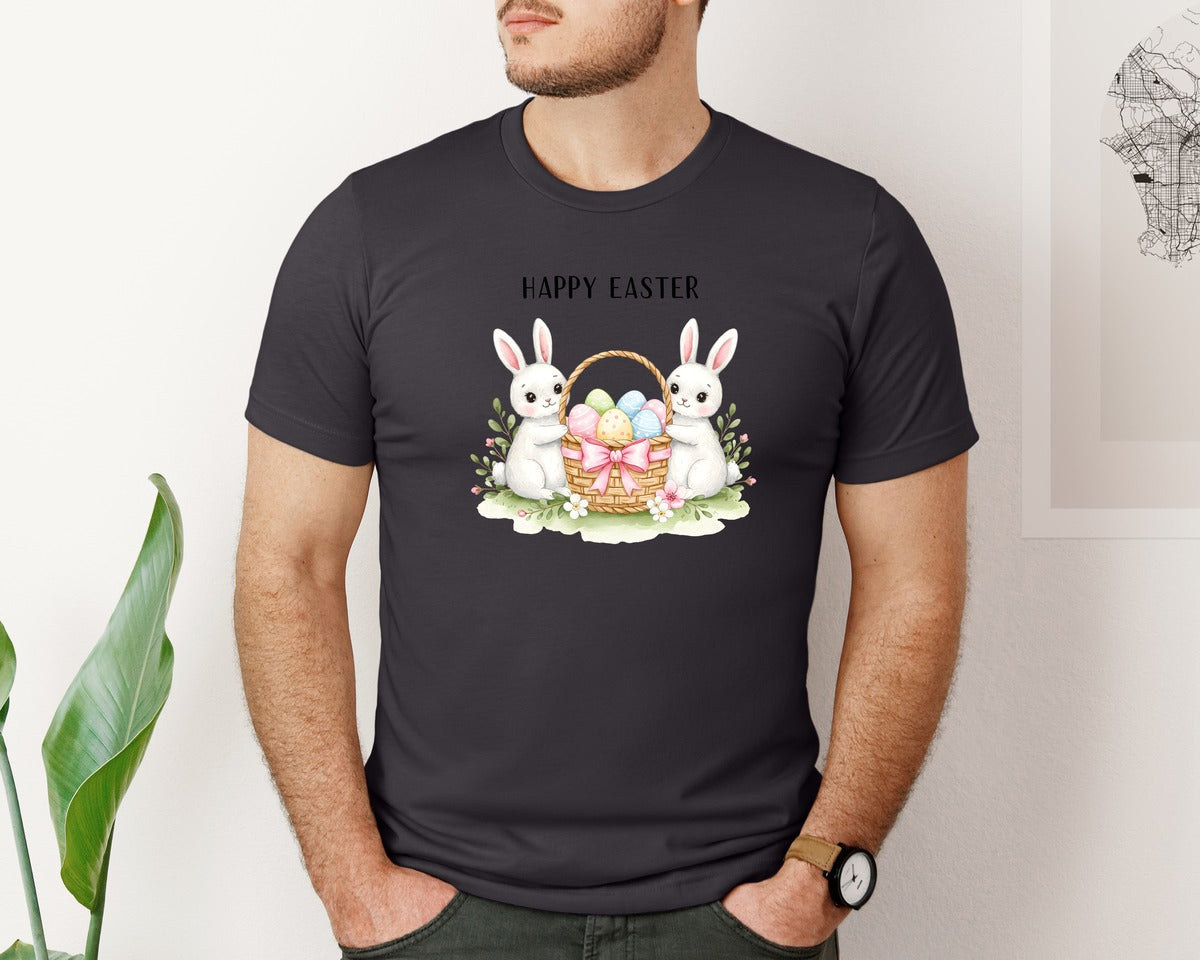 brand:Bella Canvas|color:Heather Dark Grey|Happy Easter Bunnies With Basket Cu Graphic T-Shirt
