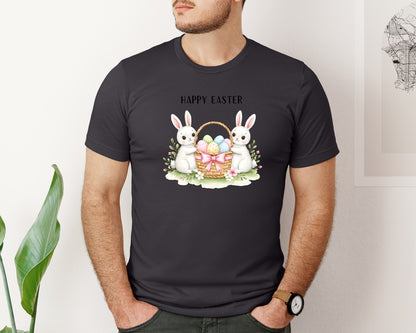 brand:Bella Canvas|color:Heather Dark Grey|Happy Easter Bunnies With Basket Cu Graphic T-Shirt