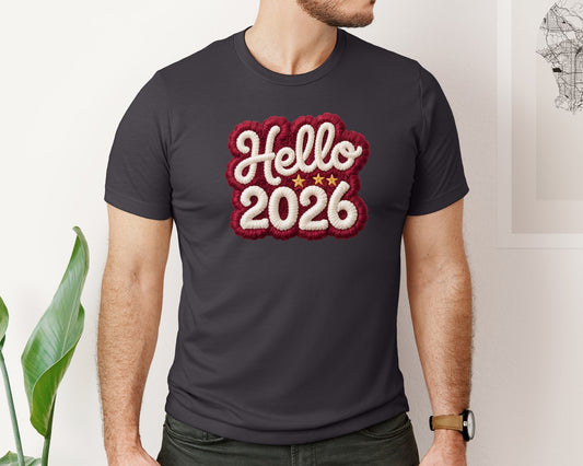Knitted Hello 2026 Heart New Year Graphic T-Shirt