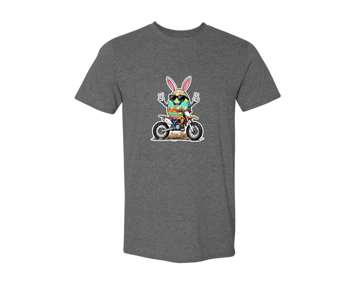 brand:Generic|color:Heather Dark Grey|Egg Bunny On Motorbike T Shirt Design Graphic T-Shirt