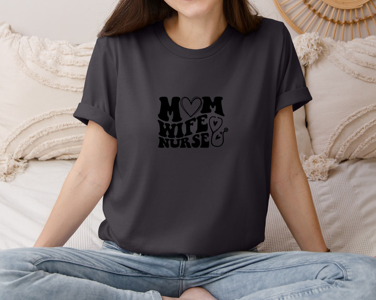brand:Bella Canvas|color:Heather Dark Grey|Mom Wife Nurse Wavy Graphic T-Shirt