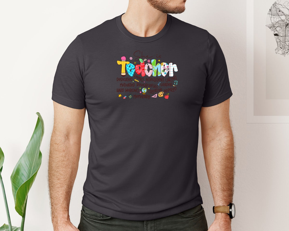 brand:Bella Canvas|color:Heather Dark Grey|She Is Teacher Christian Graphic T-Shirt