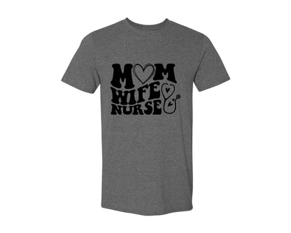brand:Generic|color:Heather Dark Grey|Mom Wife Nurse Wavy Graphic T-Shirt