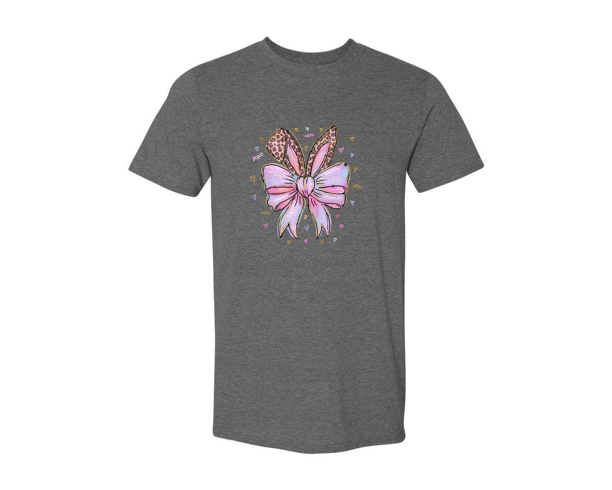 brand:Generic|color:Heather Dark Grey|Leopard Bunny Ears Pink Blue Bow Graphic T-Shirt