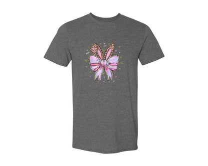 brand:Generic|color:Heather Dark Grey|Leopard Bunny Ears Pink Blue Bow Graphic T-Shirt