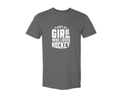 brand:Generic|color:Heather Dark Grey|Girl Who Loves Hockey Hockey Graphic T-Shirt