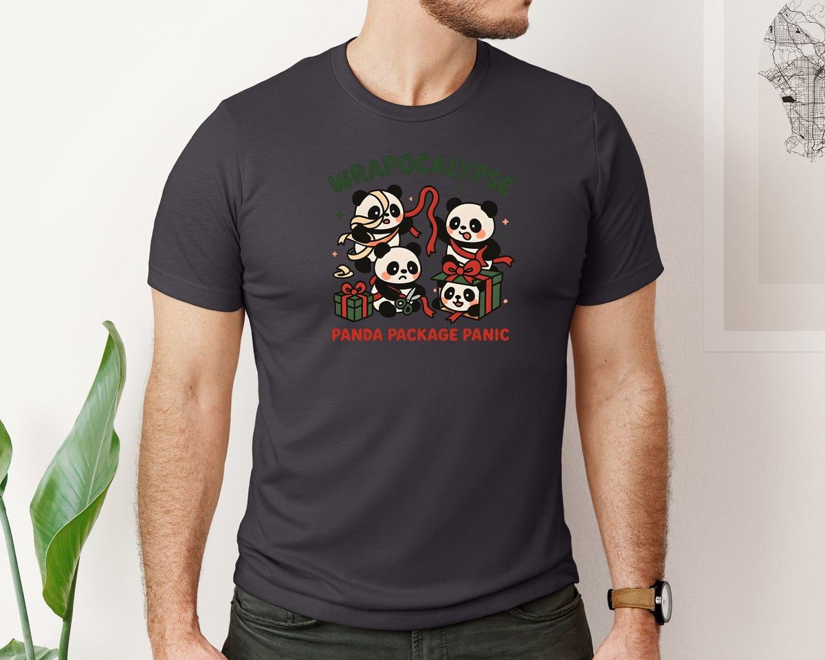 brand:Bella Canvas|color:Heather Dark Grey|Panda Gift Wrap Christmas Chaos Graphic T-Shirt
