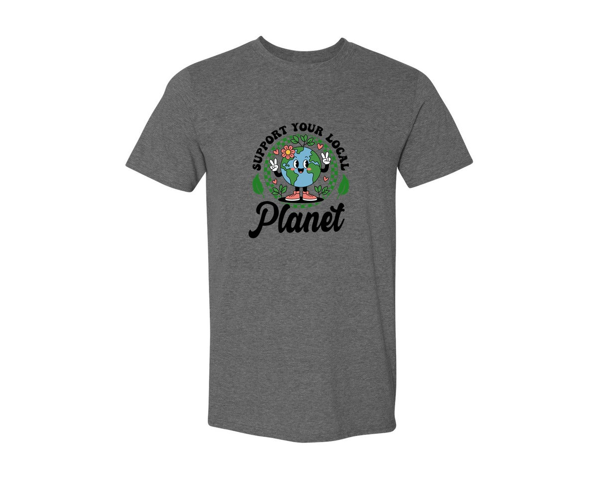 brand:Generic|color:Heather Dark Grey|Earth Day Support Your Local Planet 2 Graphic T-Shirt