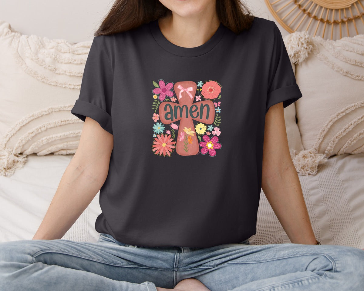 brand:Bella Canvas|color:Heather Dark Grey|Boho Floral Amen Christian Graphic T-Shirt