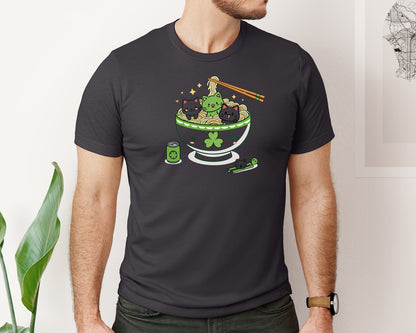 brand:Bella Canvas|color:Heather Dark Grey|Lucky Ramen Cat St Patricks Day Graphic T-Shirt