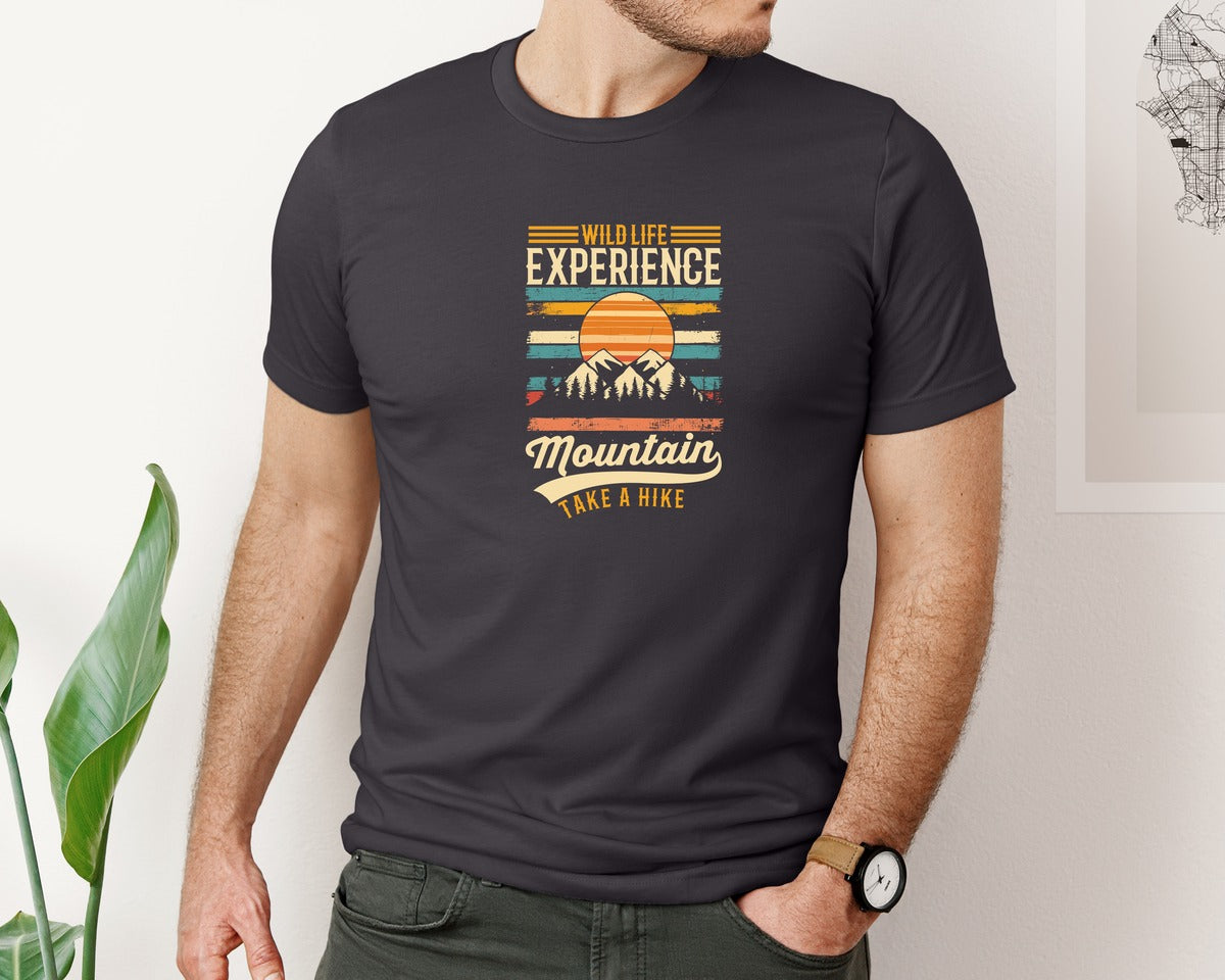 brand:Bella Canvas|color:Heather Dark Grey|Wild Life Experience Mountain Hiking Tee Graphic T-Shirt