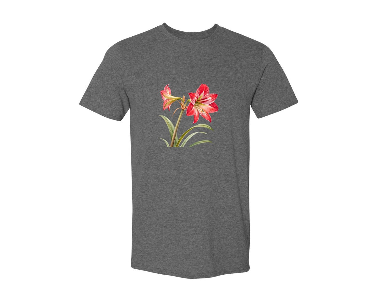 brand:Generic|color:Heather Dark Grey|Red Amaryllis Flower T Shirt Design Graphic T-Shirt