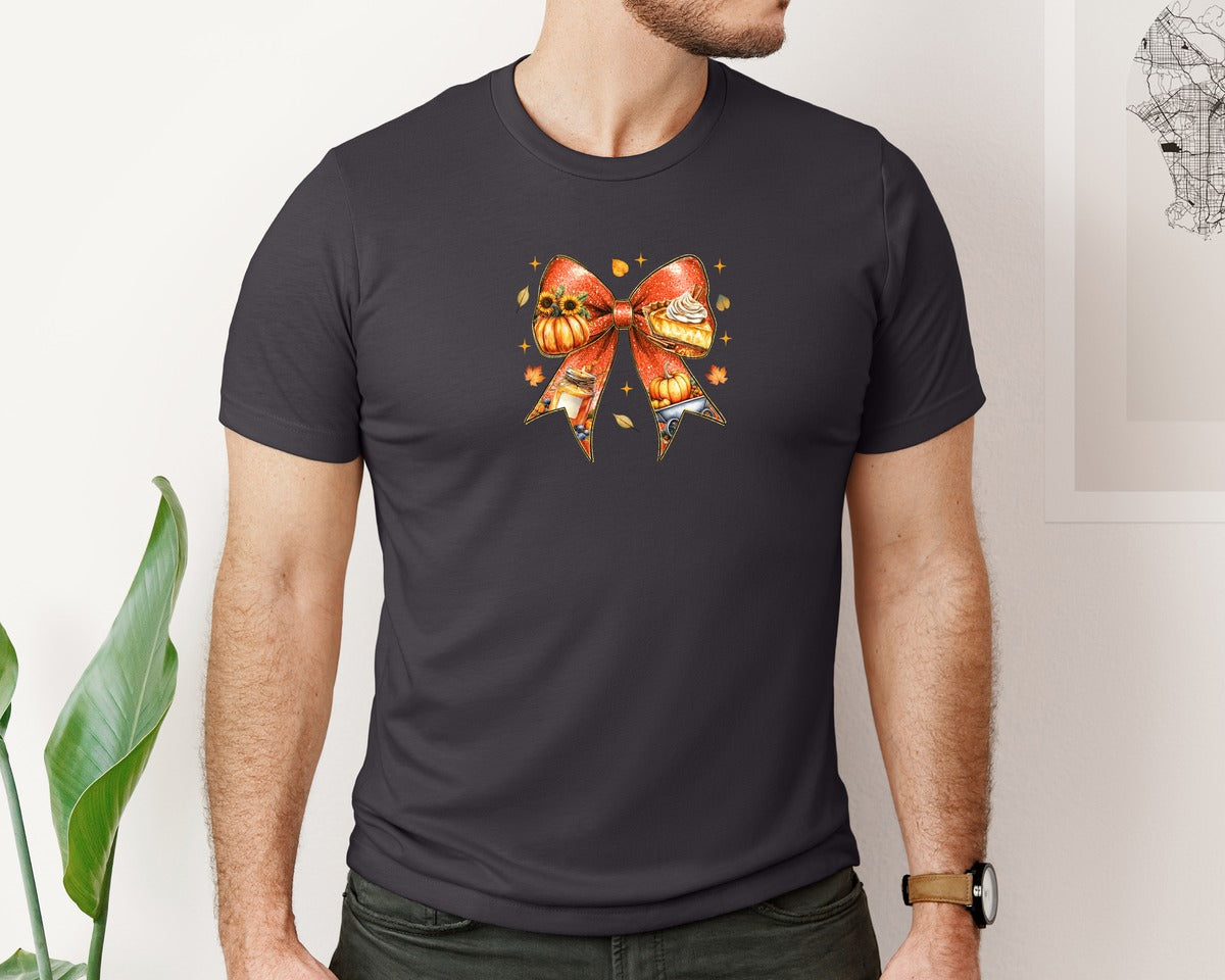 brand:Bella Canvas|color:Heather Dark Grey|Fall Coquette Bow Fall Vibes 4 Graphic T-Shirt