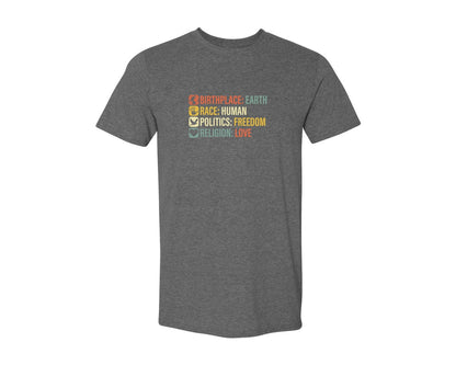 brand:Generic|color:Heather Dark Grey|Birthplace Earth Race Human Politics 4 Graphic T-Shirt