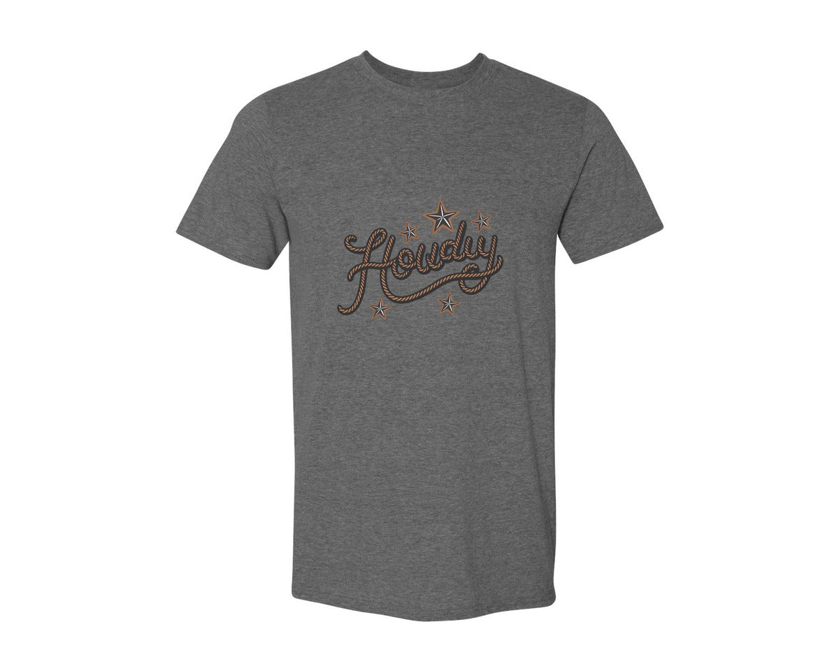 brand:Generic|color:Heather Dark Grey|Howdy Western Cowboy Rope Graphic T-Shirt