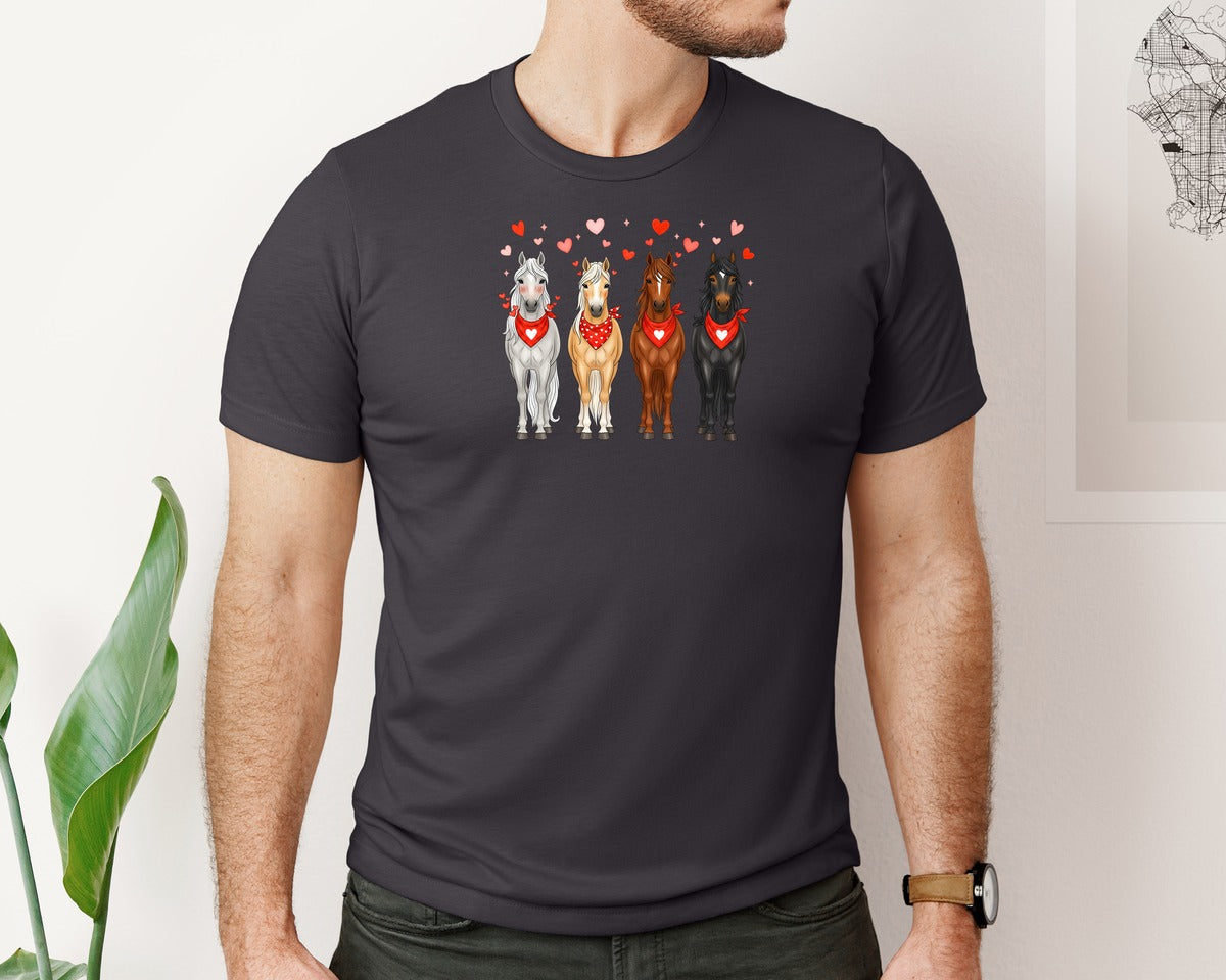 brand:Bella Canvas|color:Heather Dark Grey|Cute Valentine Horses With Bandanas Graphic T-Shirt